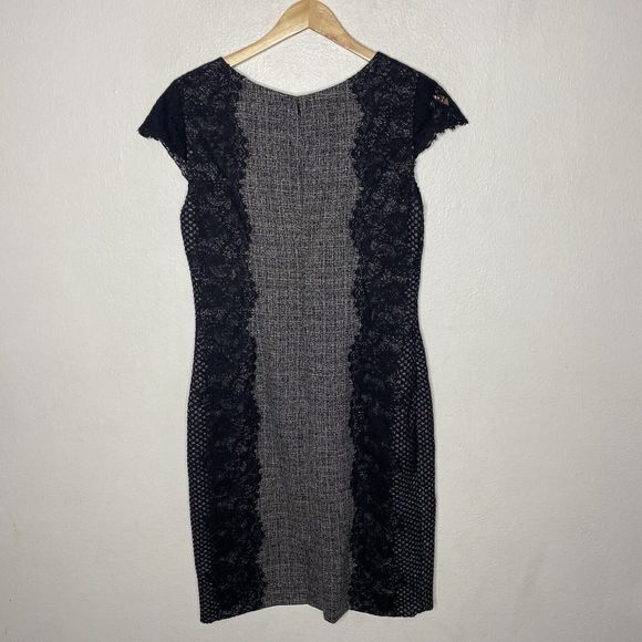 Betsey‎ Johnson Gray Sheath Dress Cap Short Sleeve Black Lace Overlay women’s 8 - Picture 6 of 13